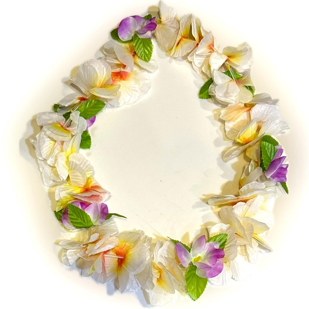 HAWAIIAN FLORAL LEI WHITE FLOWERS NECKLACE LUAU POOL TRIP PARTY ALOHA HULA GIRL